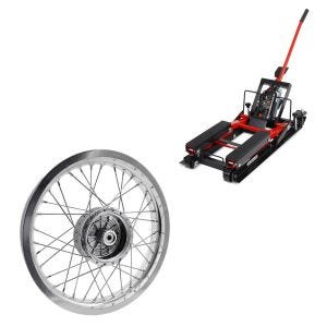 Sett: ConStands Midlift L lift egnet for choppere opp til 680 kg i rødt + felg 2,15x16 bred egnet for Simson S51 S50 S70 Schwalbe KR51 AF25