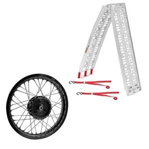 Sett: Tilgangsrampe opptil 340 kg ConStands Alu-I sammenleggbar + felg 1,85x16 bred egnet for Simson S51 S50 S70 Schwalbe KR51 AF21 svart