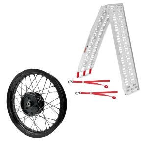 Sett: adkomstrampe opp til 340 kg ConStands Alu-I sammenleggbar + felg 2,15x16 bred egnet for Simson S51 S50 S70 Schwalbe KR51 AF22 svart