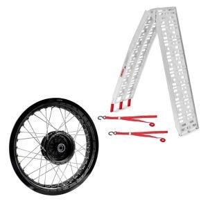 Sett: adkomstrampe opp til 340 kg ConStands Alu-I sammenleggbar + felg 2,5x16 bred egnet for Simson S51 S50 S70 Schwalbe KR51 AF23 svart