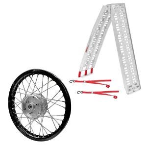 Sett: adkomstrampe opp til 340 kg ConStands Alu-I sammenleggbar + felg aluminium 1,6x16 egnet for Simson S51 S50 S70 Schwalbe KR51 AF28 svart