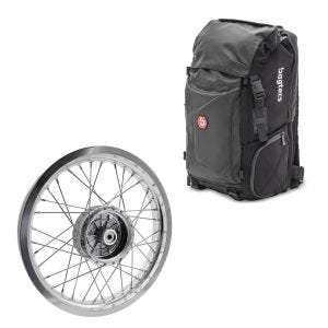 Sett: Ryggsekk Bagtecs HX5 halebag 45 liter med hjelmholder + felg 2,15x16 bred passer til Simson S51 S50 S70 Schwalbe KR51 AF25