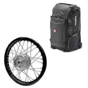 Sett: Ryggsekk Bagtecs HX5 halebag 45 liter med hjelmholder + felg aluminium 1,6x16 passer til Simson S51 S50 S70 Schwalbe KR51 AF28 svart
