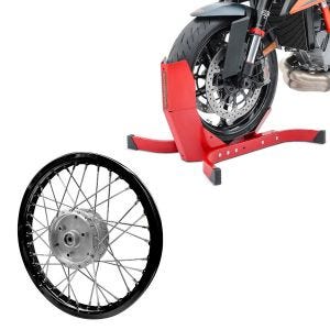 Sett: Motorsykkelrocker ConStands Easy-Plus motorsykkelstativ opp til 21 tommer rød + aluminiumsfelg 1,6x16 egnet for Simson S51 S50 S70 Schwalbe KR51 AF28 svart