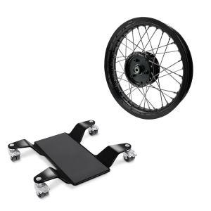 Sett: manøvreringshjelp for hovedstativ ConStands Easy Mover II opptil 320 kg i sort + felg 2,15x16 bred egnet for Simson S51 S50 S70 Schwalbe KR51 AF22 svart