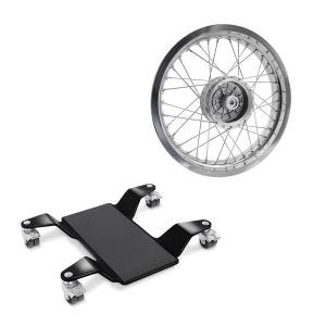 Sett: manøvreringshjelp for hovedstativ ConStands Easy Mover II opptil 320 kg i sort + felg 2,5x16 bred egnet for Simson S51 S50 S70 Schwalbe KR51 AF26