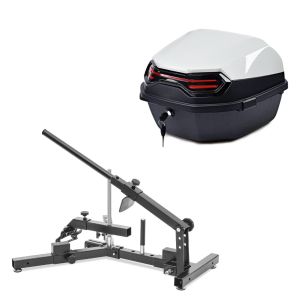 Sett: dekkskifter ConStands egnet for motorsykkeldekk 12-21" dekkskifter MD4 + toppkasse BT11 45 L bak hvit
