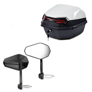 Sett: styrespeil med E-merke, sidespeilpar Zaddox SP6 + toppkoffert BT11 45 L bakre hvit