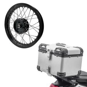 Sett: aluminium toppveske Bagtecs XS45 45 L sølv + felg 2,15x16 bred passer for Simson S51 S50 S70 Schwalbe KR51 AF22 svart