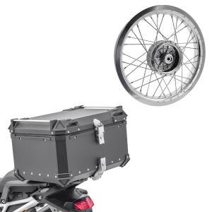 Sett: toppkoffert i aluminium Bagtecs XB65 65 L svart + felg 2,15x16 bred egnet for Simson S51 S50 S70 Schwalbe KR51 AF25