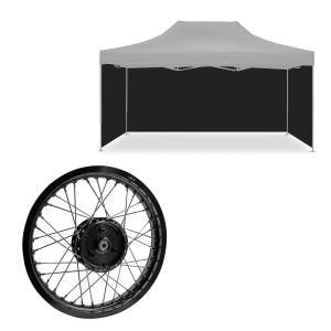 Sett: 4x paviljongsvarte sidevegger egnet for sammenleggbart Tourtecs racingtelt 3x4,5m + felg 1,85x16 bred egnet for Simson S51 S50 S70 Schwalbe KR51 AF21 svart