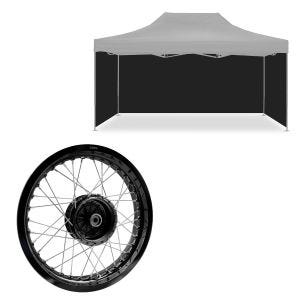 Sett: 4x paviljongsvarte sidevegger egnet for sammenleggbart Tourtecs racingtelt 3x4,5m + felg 2,5x16 bred egnet for Simson S51 S50 S70 Schwalbe KR51 AF23 svart