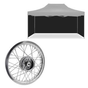 Sett: 4x paviljong sorte sidevegger egnet for sammenleggbart Tourtecs racingtelt 3x4,5m + felg 2,15x16 bred egnet for Simson S51 S50 S70 Schwalbe KR51 AF25
