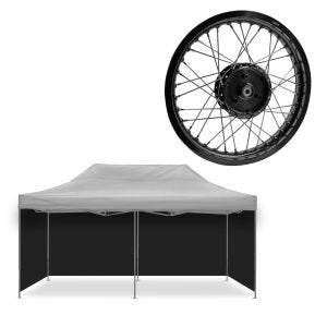 Sett: 4x paviljong sorte sidevegger sammenleggbare Tourtecs teltvegger egnet for racingtelt 3x6m + felg 1,85x16 bred egnet for Simson S51 S50 S70 Schwalbe KR51 AF21 svart