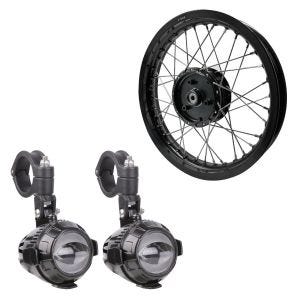 Sett: LED ekstra hovedlykt MS1 ECE 12V Lumitecs + felg 2,15x16 bred passer til Simson S51 S50 S70 Schwalbe KR51 AF22 svart