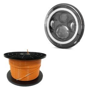 Sett: 300m grensekabel for robotgressklippere Ø4,0mm ekstra sterk + LED-hovedlys 7" egnet for Harley Davidson FS7 svart
