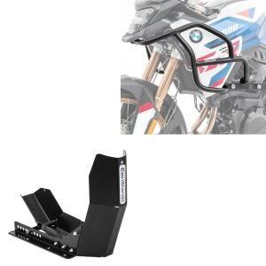 Sett: øvre kollisjonsbøyle egnet for BMW F 900 GS 2024 Motoguard HG53 svart + transportstativ Easy-Fix motorsykkelvippe opp til 21 tommer svart