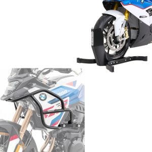 Sett: øvre kollisjonsstang egnet for BMW F 900 GS 2024 Motoguard HG53 svart + motorsykkel rocker Easy-Plus svart
