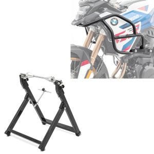 Sett: øvre kollisjonsstang egnet for BMW F 900 GS 2024 Motoguard HG53 svart + balanseringsstativ WU-2 balanseringsenhet svart