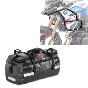 Sett: øvre crashbar egnet for BMW F 900 GS 2024 Motoguard HG53 svart + bakbag Drybag XB50 volum 50l