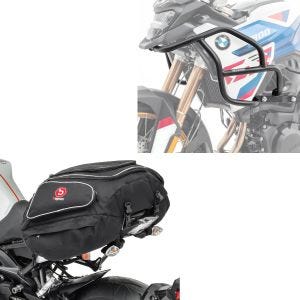 Sett: øvre kollisjonsbøyle egnet for BMW F 900 GS 2024 Motoguard HG53 svart + bakbag X50 bagasjebag bag 50 liter i svart