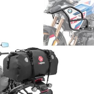 Sett: øvre crashbar egnet for BMW F 900 GS 2024 Motoguard HG53 svart + bakbag Drybag XF80 volum 80l