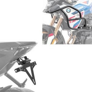Sett: øvre kollisjonsstang egnet for BMW F 900 GS 2024 Motoguard HG53 svart + skiltholder KH4 skiltholder med LED-belysning