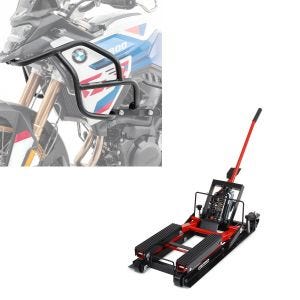 Sett: Øvre kollisjonsbøyle egnet for BMW F 900 GS 2024 Motoguard HG53 svart + Midlift L lift egnet for choppere opp til 680 kg i rødt