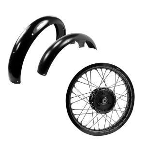 Sett: Felg 1,85x16 bred egnet for Simson S51 S50 S70 Schwalbe KR51 AF21 svart + skjerm foran + bak egnet for Simson S50 / S51 / S70 WP1black