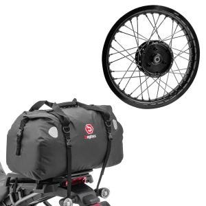 Sett: felg 1,85x16 bred passer til Simson S51 S50 S70 Schwalbe KR51 AF21 svart + bakbag Drybag XF60 volum 60l
