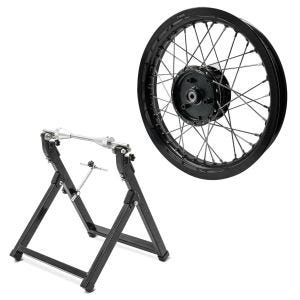 Sett: felg 2,15x16 bred egnet for Simson S51 S50 S70 Schwalbe KR51 AF22 svart + balanseringsstativ WU-2 balanseringsenhet svart