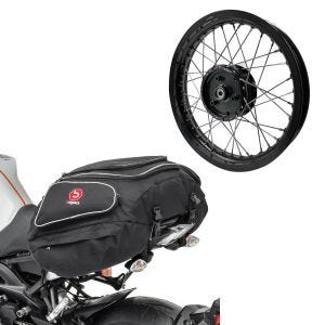 Sett: felg 2,15x16 bred passer til Simson S51 S50 S70 Schwalbe KR51 AF22 svart + bakbag X50 bagasjebag bag 50 liter i sort