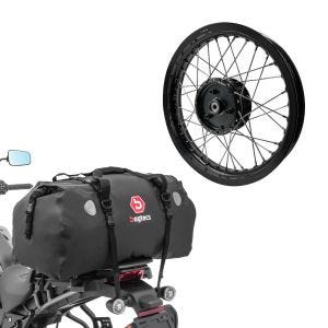 Sett: felg 2,15x16 bred passer til Simson S51 S50 S70 Schwalbe KR51 AF22 svart + bakbag Drybag XF80 volum 80l