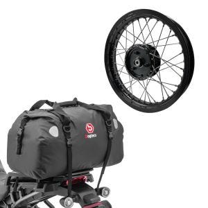 Sett: felg 2,15x16 bred passer til Simson S51 S50 S70 Schwalbe KR51 AF22 svart + bakbag Drybag XF60 volum 60l