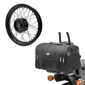 Sett: felg 2,15x16 bred egnet for Simson S51 S50 S70 Schwalbe KR51 AF22 svart + halebag RB1 bagasjerull 24-30Ltr svart