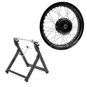 Sett: Felg 2,5x16 bred egnet for Simson S51 S50 S70 Schwalbe KR51 AF23 svart + balanseringsstativ WU-2 balanseringsenhet svart