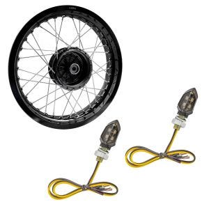 Sett: Felg 2,5x16 bred egnet for Simson S51 S50 S70 Schwalbe KR51 AF23 sort + LED-indikatorer KP8 med E-merke 2 stk front-bak tonet