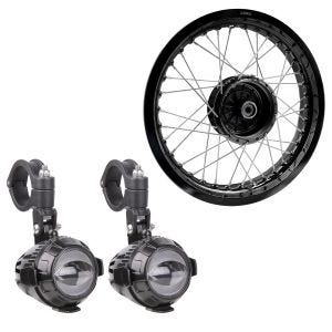 Sett: Felg 2,5x16 bred egnet for Simson S51 S50 S70 Schwalbe KR51 AF23 svart + LED ekstra hovedlykt MS1 ECE par