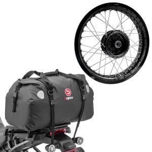 Sett: felg 2,5x16 bred passer til Simson S51 S50 S70 Schwalbe KR51 AF23 svart + halebag Drybag XF60 volum 60l