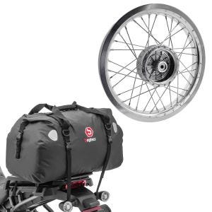 Sett: felg 2,15x16 bred passer til Simson S51 S50 S70 Schwalbe KR51 AF25 + halebag Drybag XF60 volum 60l