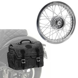 Sett: Felg 2,5x16 bred egnet for Simson S51 S50 S70 Schwalbe KR51 AF26 + salveske canvas med innerlomme CV1 sidelomme svart