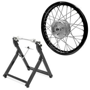 Sett: eiker felg aluminium 1,6x16 egnet for Simson S51 S50 S70 Schwalbe KR51 AF28 svart + balanseringsstativ WU-2 balanseringsenhet svart