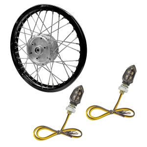 Sett: eiker felg aluminium 1,6x16 egnet for Simson S51 S50 S70 Schwalbe KR51 AF28 sort + LED-indikatorer KP8 med E-merke 2 stk tonet foran og bak