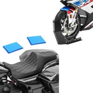 Sett: Gel sete egnet for Harley Davidson Touring 08-24 Craftride FR6 svart + transportstativ Easy-Fix motorsykkelrocker opp til 21 tommer svart