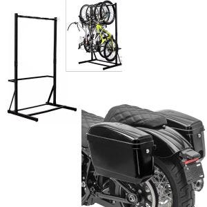 Sett: frittstående sykkelstativ for 5 sykler stål RI98 + chopper sidekofferter (par) Nevada 20 L hver sort