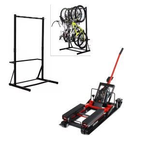 Set: Freestanding bike rack for 5 bikes StahlRI98 + Midlift L lifting platform suitable for choppers up to 680 kg in red