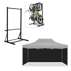 Set: Freestanding bike rack for 5 bikes StahlRI98 + 4x Pavilion black side walls suitable for foldable racing tent 3x4.5m