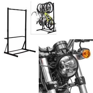 Set: Bicycle stand freestanding for 5 bikes StahlRI98 + LED headlight 5.75 inch suitable for Harley Davidson black