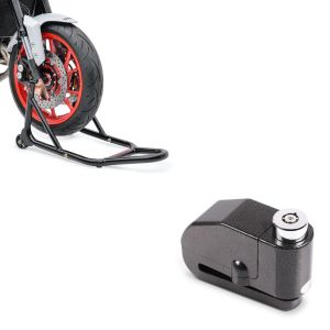 Sett: Forhjulsmonteringsstativ med gummierte fester, frontmotorsykkeljack + bremseskivelåsalarm 110dB BS-Motoparts tyveribeskyttelse svart