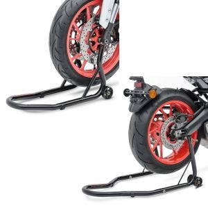 Set: Montageständer Vorderrad Fork ständer mit Dornaufnahme schwarz + Hinterrad Montageständer Classic Universal schwarz_1